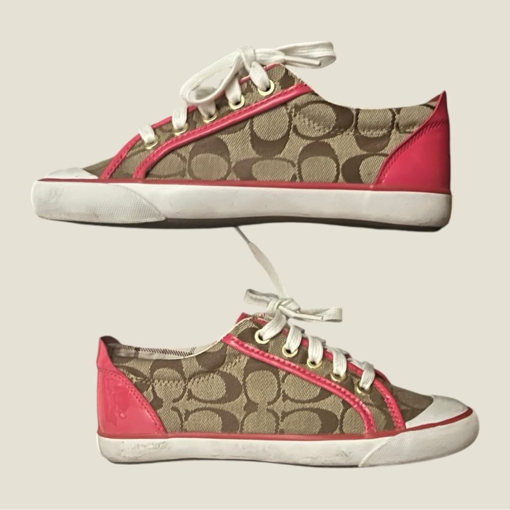 Coach “Barrett” Sneakers Brown Signature Canvas Sneakers with Pink Leather Trim - Picture 8 of 16